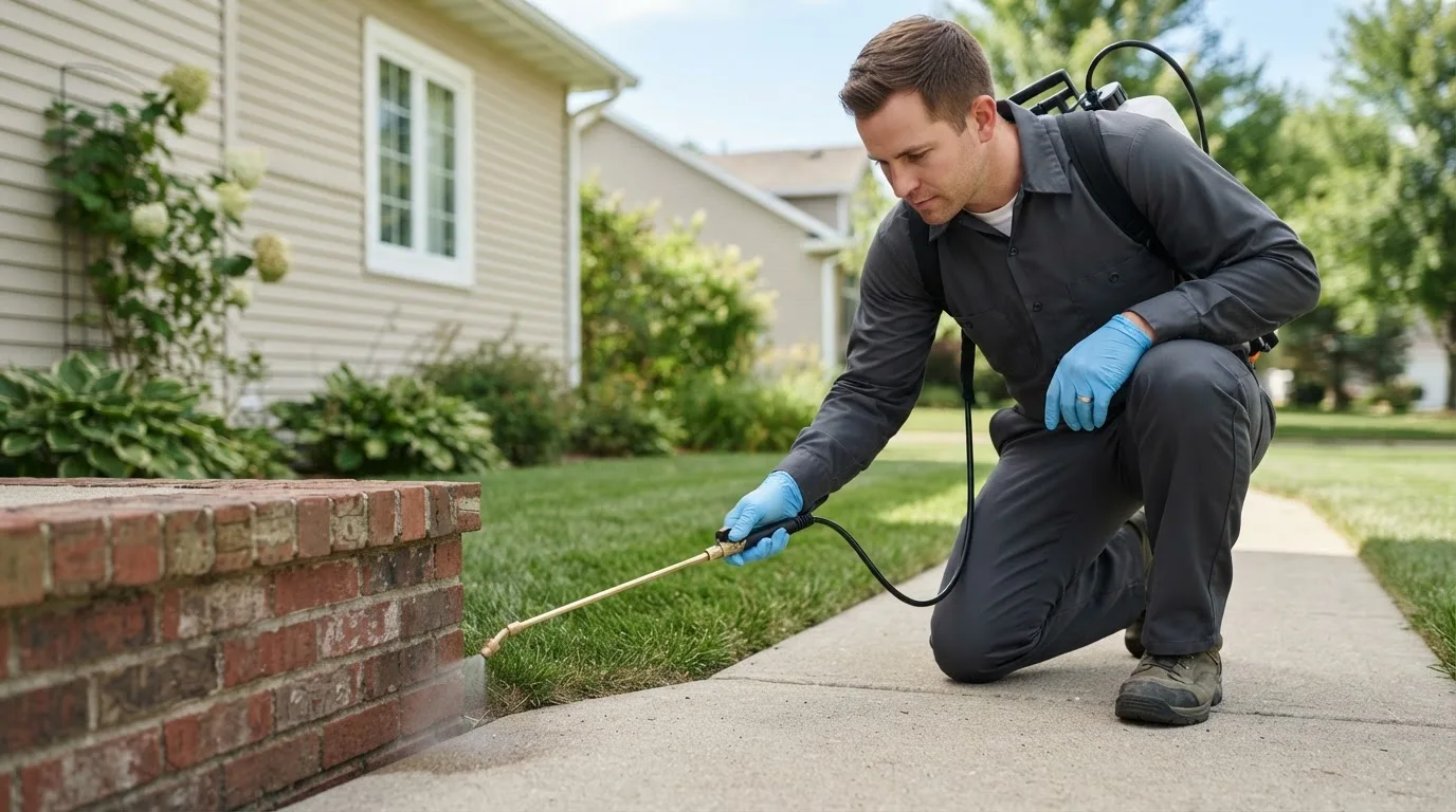Pest control technician treating a home near Curwensville, PA