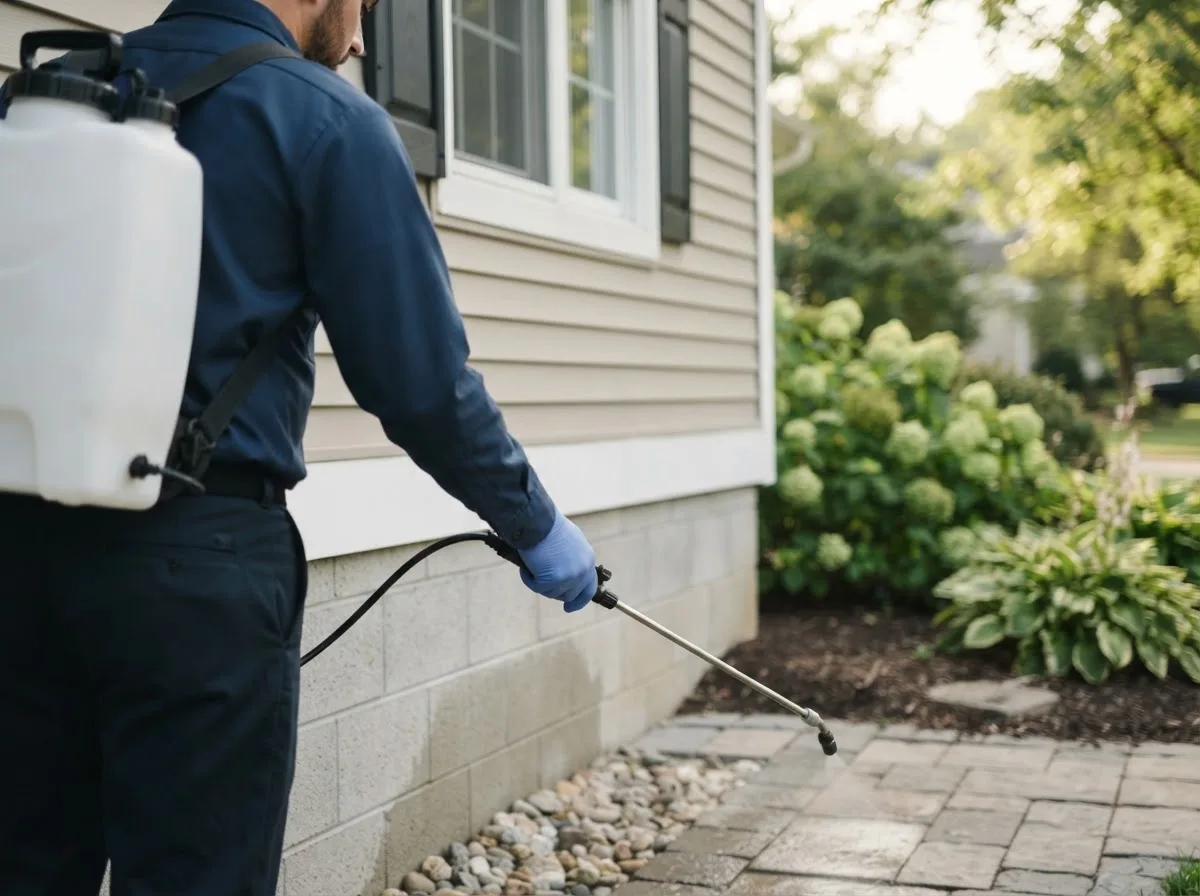 Pest control technician inspecting a home in Curwensville, PA